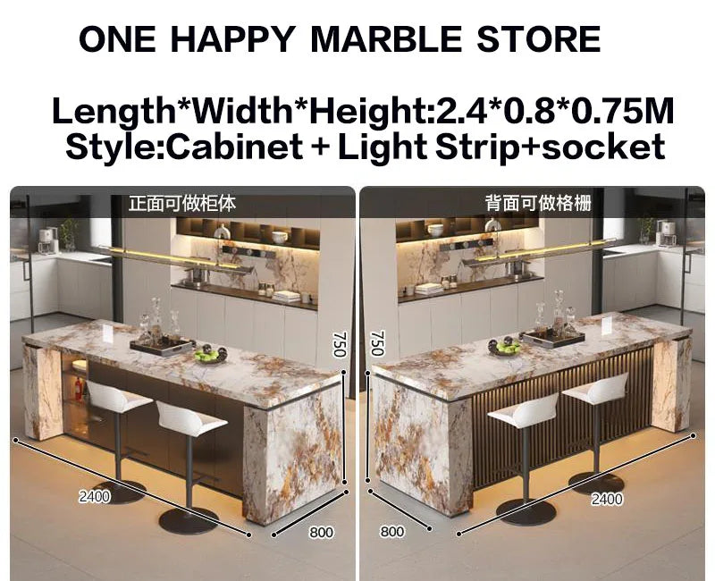 Luxury Marble Kitchen Island Dining Table, Custom Modern Bar Countertop, High-End Open Kitchen Design, Integrated Home Furniture
