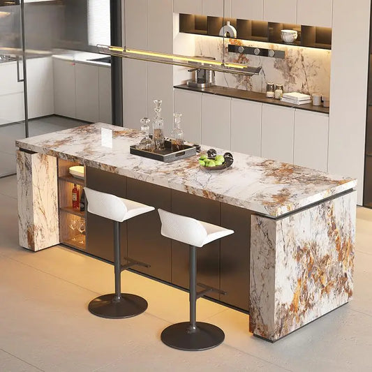 Luxury Marble Kitchen Island Dining Table, Custom Modern Bar Countertop, High-End Open Kitchen Design, Integrated Home Furniture