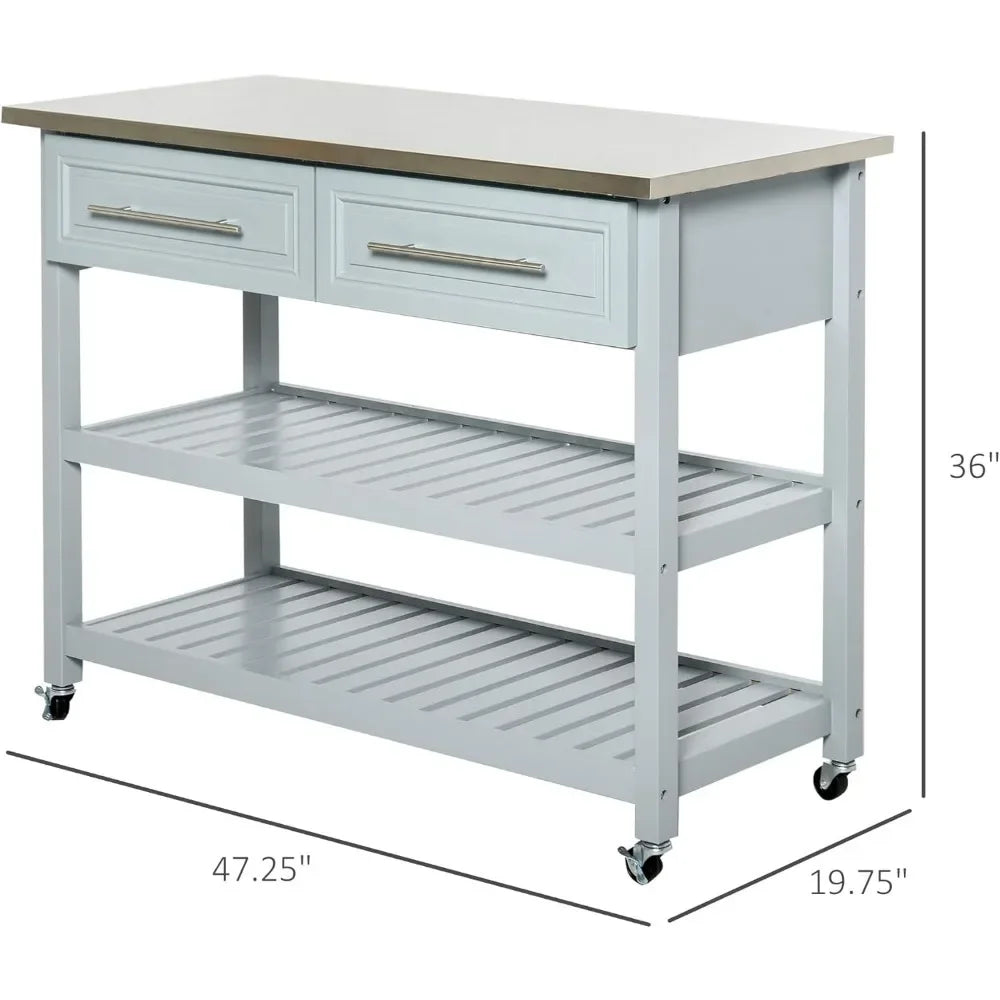 Kitchen Island with Stainless Steel Top, Traditional Kitchen Island with Storage, 2-Tier Open Shelves, Drawers, Light Gray
