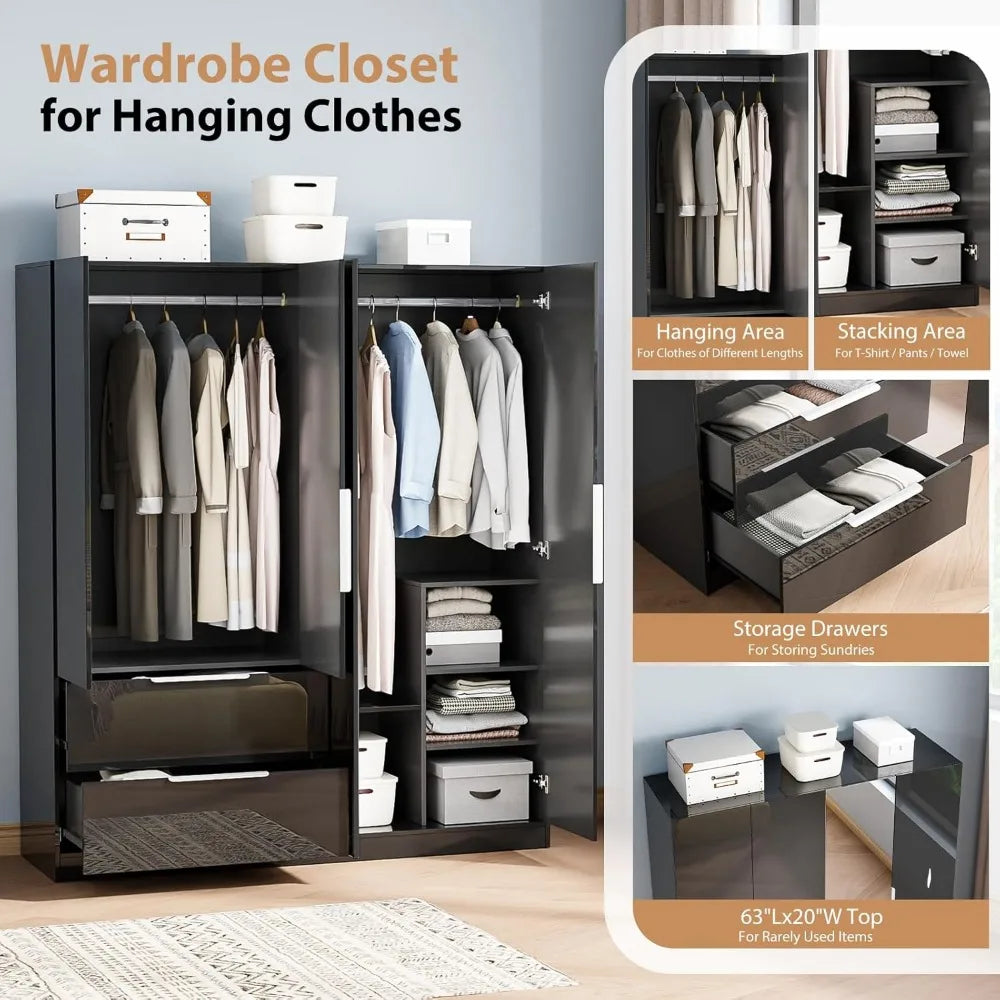 72.8" H Armoire with Mirror, 4 Door & 2 Drawers, Freestanding Wardrobe Closet for Bedroom, Wardrobes
