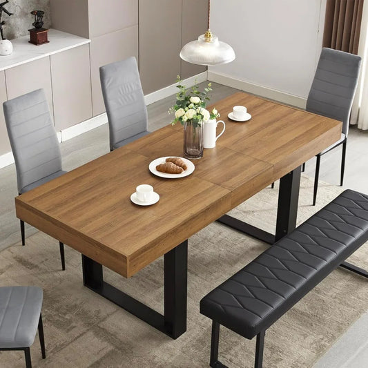 Dining-table, 63”-79” Extendable Dining Room Table, Modern Farmhouse Wooden Kitchen Table, Long Expandable Dining Table