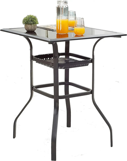 High Outdoor Patio Bar Height Glass Top Table, Black