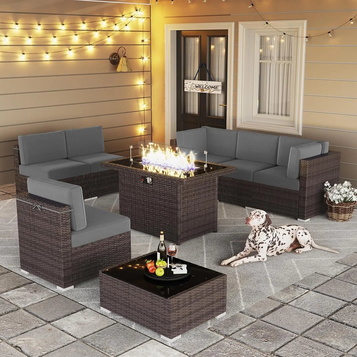 15 Piece Patio Furniture Set with Fire Pit Table, Outdoor Conversation Sets Wicker Rattan Sectional Sofa with Coffee Table