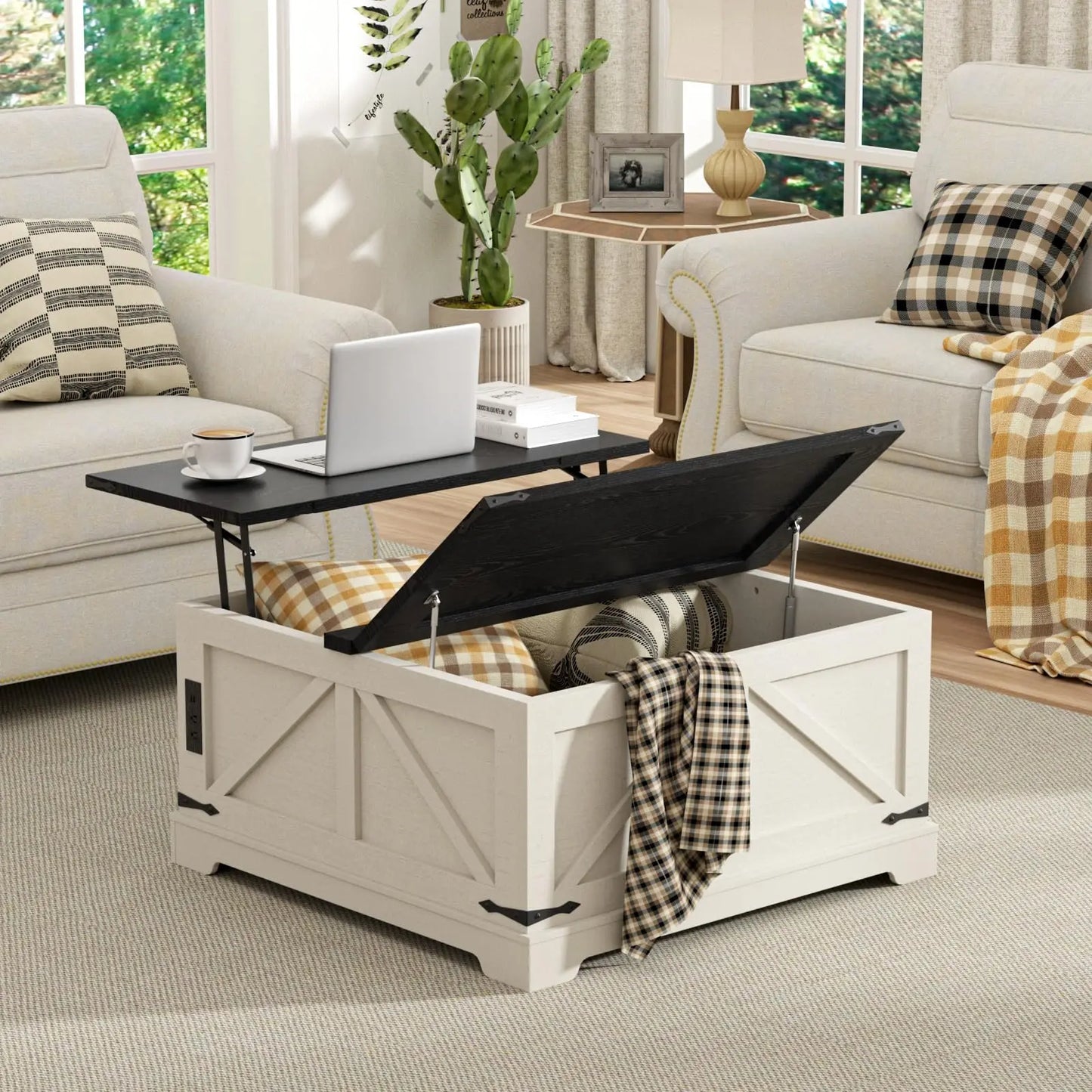 Vabches Lift Top Coffee Table with Storage Square Center Table with Power Outlet&Flip Top Lids Wood Coffee Table for Living Room