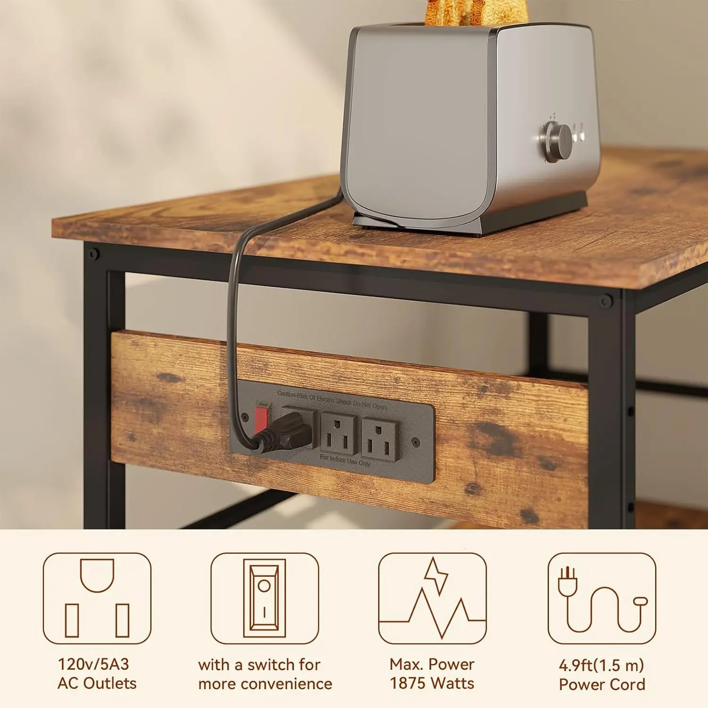 Kitchen Island With Storage, Bakers Ra With Power Outlet,Microwave Stand With Large Worktop,Rolling Bar Cart For Home, Outdoor,