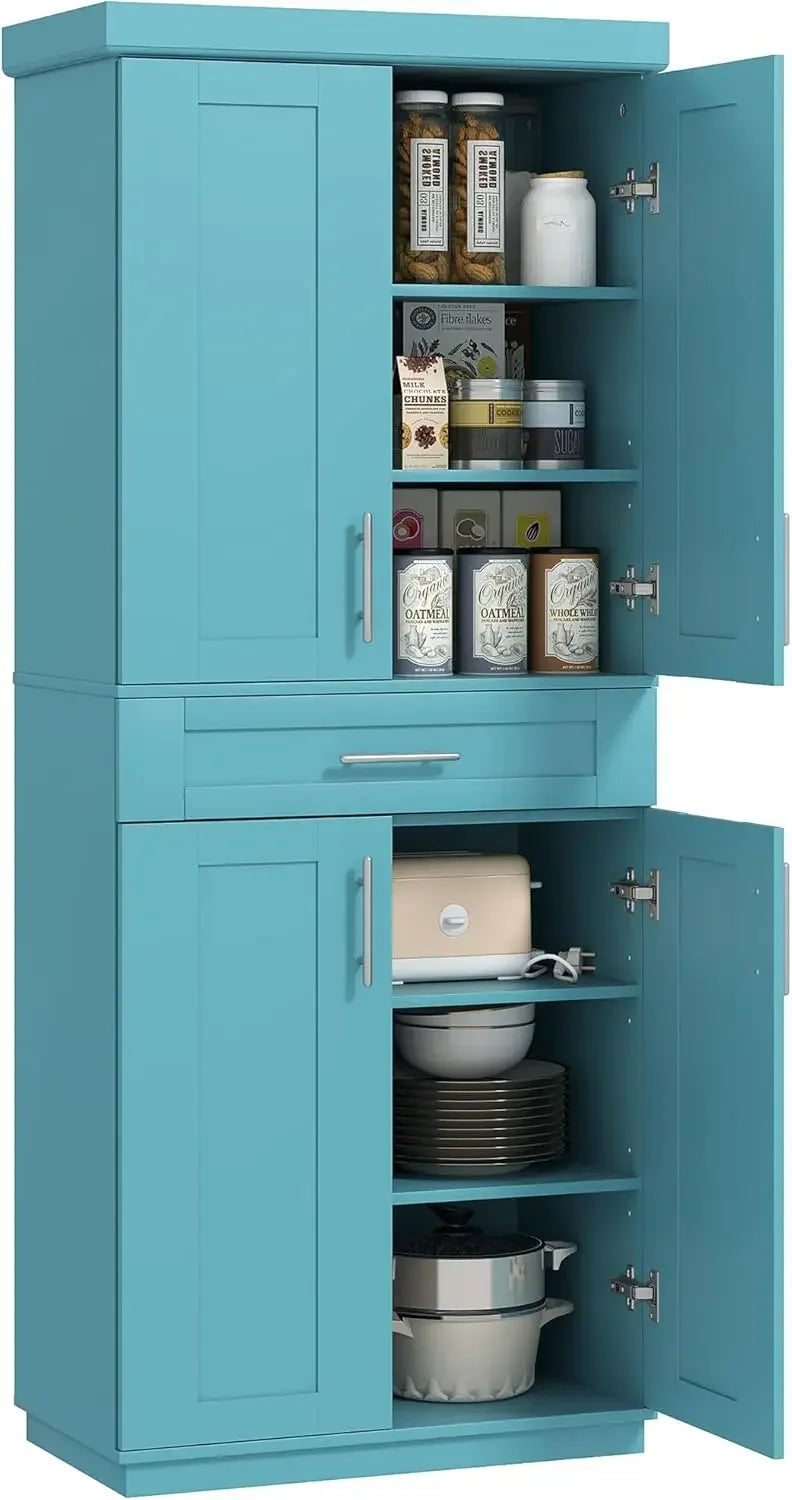 Kitchen Pantry Cabinet, Freestanding Tall Storage Cabinet with 4 Doors, Drawer and 3 Adjustable Shelves for Dining Room