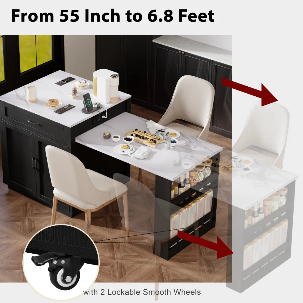 82.7 inch Kitchen Island with Extendable Dining Table for 4-6 Person,Faux Mable Kitchen Table with Double-sized Storage,Power