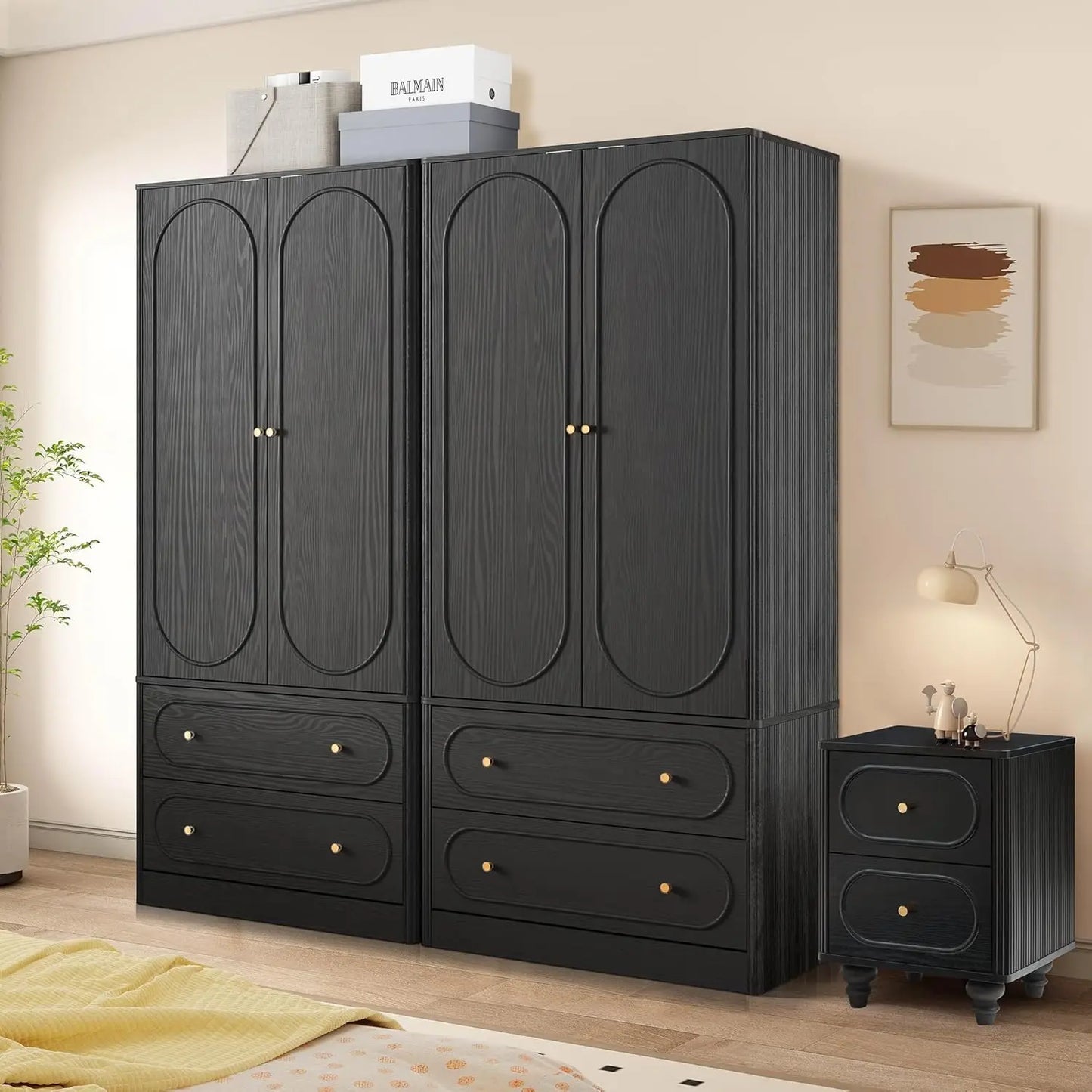 Fluted Freestanding Armoire Wardrobe Closet with 2 Doors and 2 Storage Drawers, Large Capacity Wardrobe Cabinet