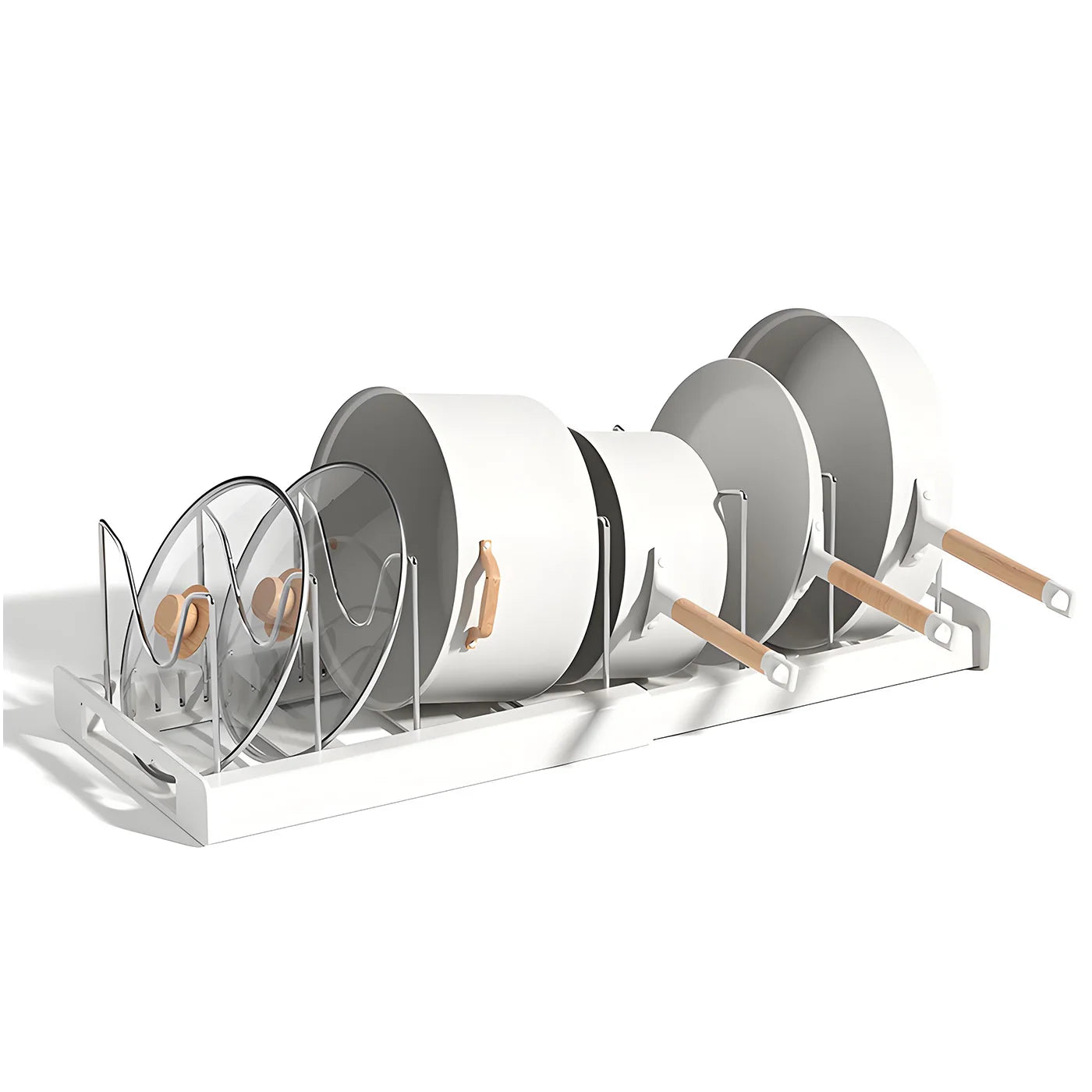 Expandable Utensil Storage Rack, Extendable Pot and Pan Organizer for Kitchen Cabinets, with 12 Adjustable Shelves, White