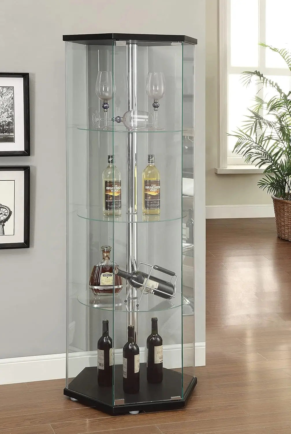 Coaster Hexagon Curio Cabinet: 3 Round Shelves, Glass, 24"D x 24"W x 63.5"H, Black, Traditional Design