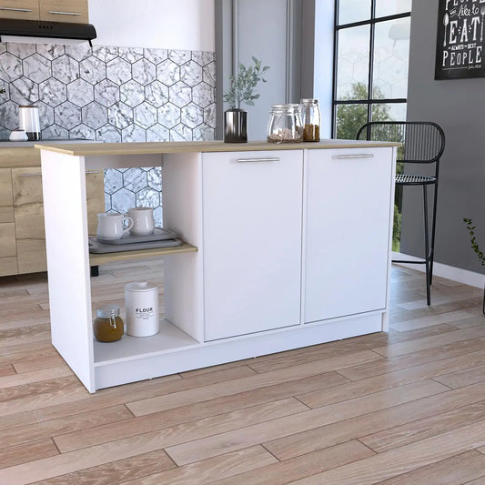 Juniper Kitchen Island with Large Top Surface, Double Door Cabinet, and Open Shelves White / Light Oak