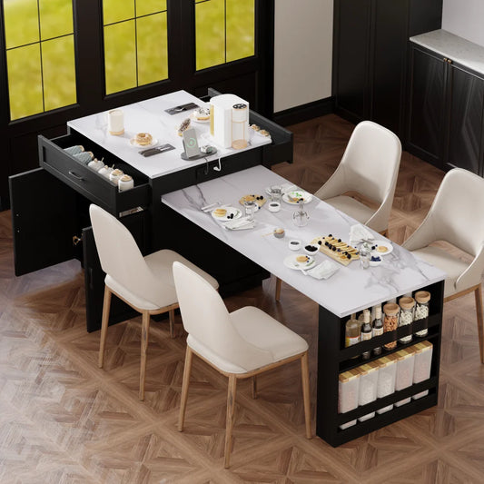 82.7 inch Kitchen Island with Extendable Dining Table for 4-6 Person,Faux Mable Kitchen Table with Double-sized Storage,Power