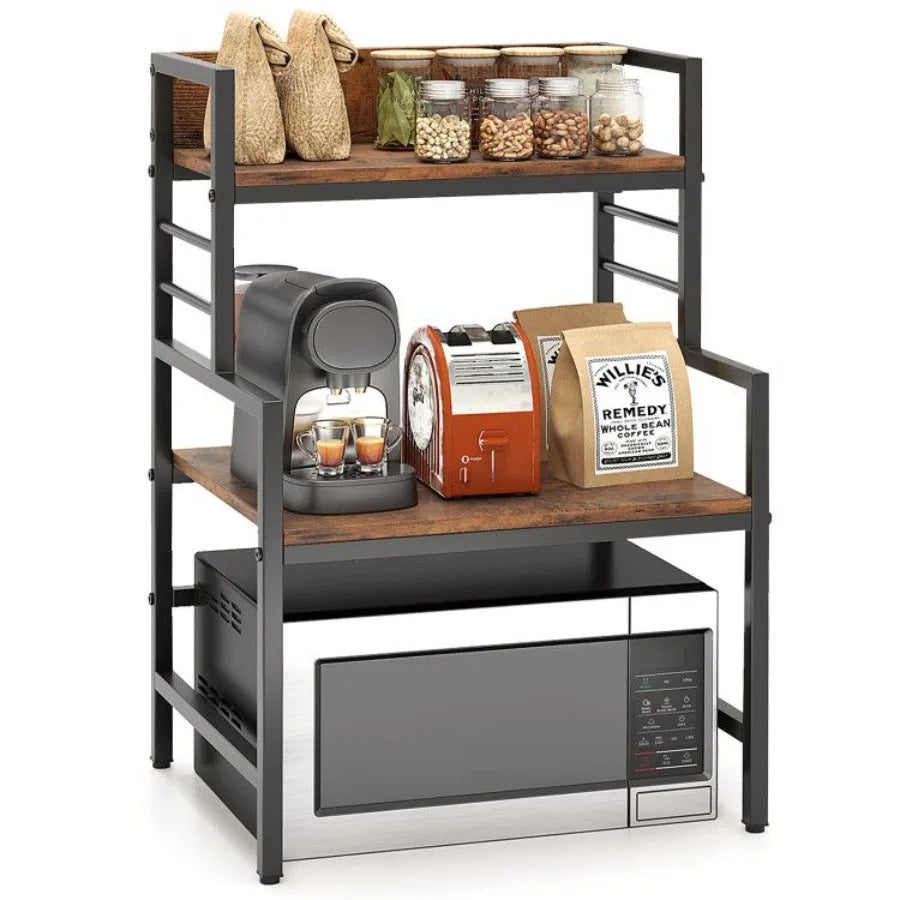 3Tier Microwave Stand with 2 Open Shelves and Heavyduty Metal Frame