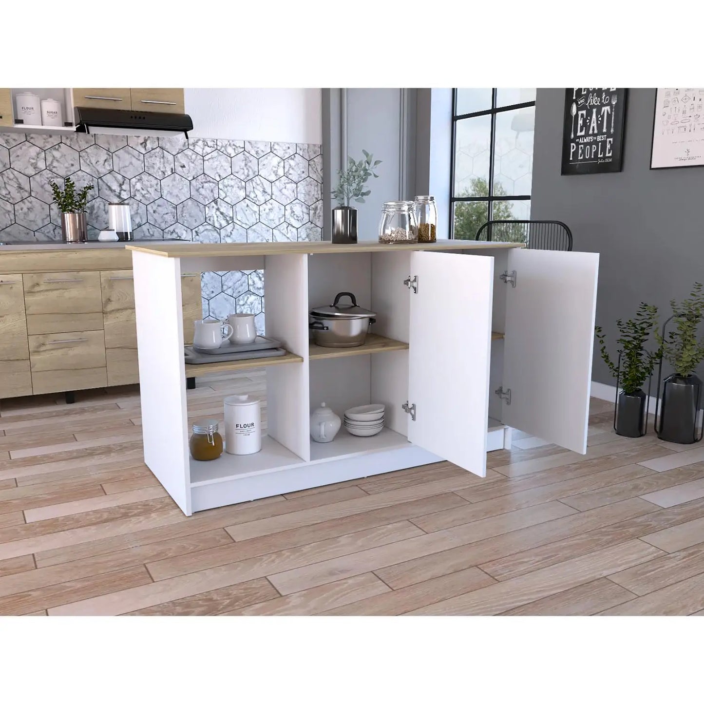 Juniper Kitchen Island with Large Top Surface, Double Door Cabinet, and Open Shelves White / Light Oak