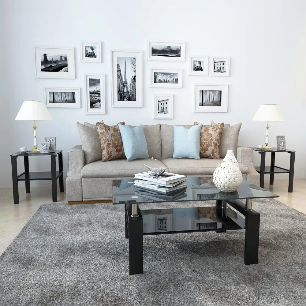 All Black Glass Coffee Table Set of 3 Piece, Living Room  Set of 3 Pcs, Black Glass Coffee  and End  Sets
