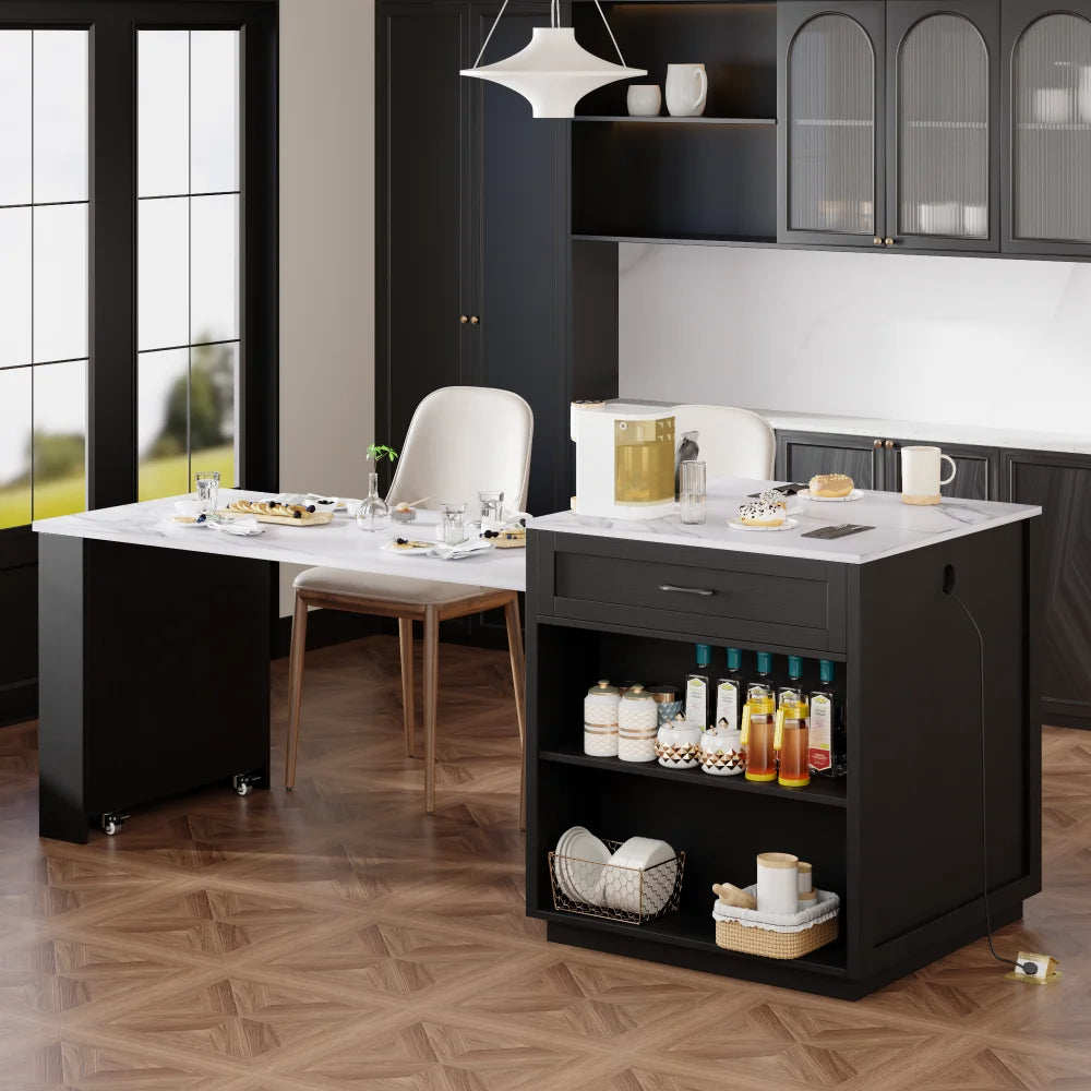 82.7 inch Kitchen Island with Extendable Dining Table for 4-6 Person,Faux Mable Kitchen Table with Double-sized Storage,Power