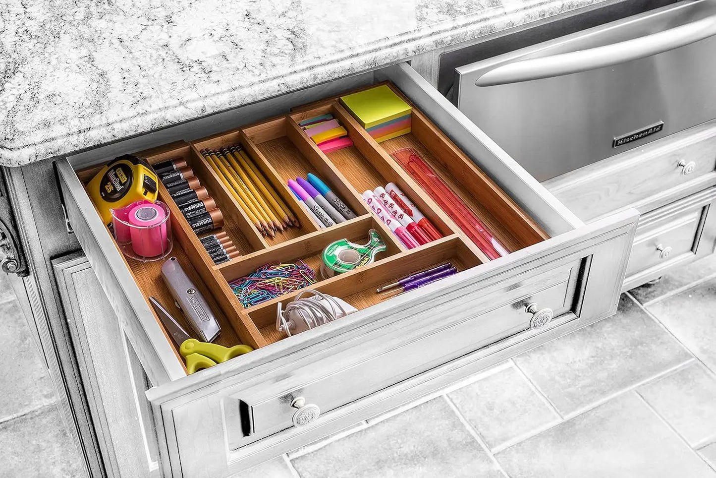 Expandable Bamboo Drawer Organizer - Large Kitchen Utensil Holder for Cutlery, Silverware, Flatware Storage