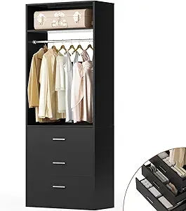 Freestanding 2FT Closet System with 3 Wood Drawers, 24" Closet Organizer System with Hanging Rod & Shelves, Walk-in Closet Syste