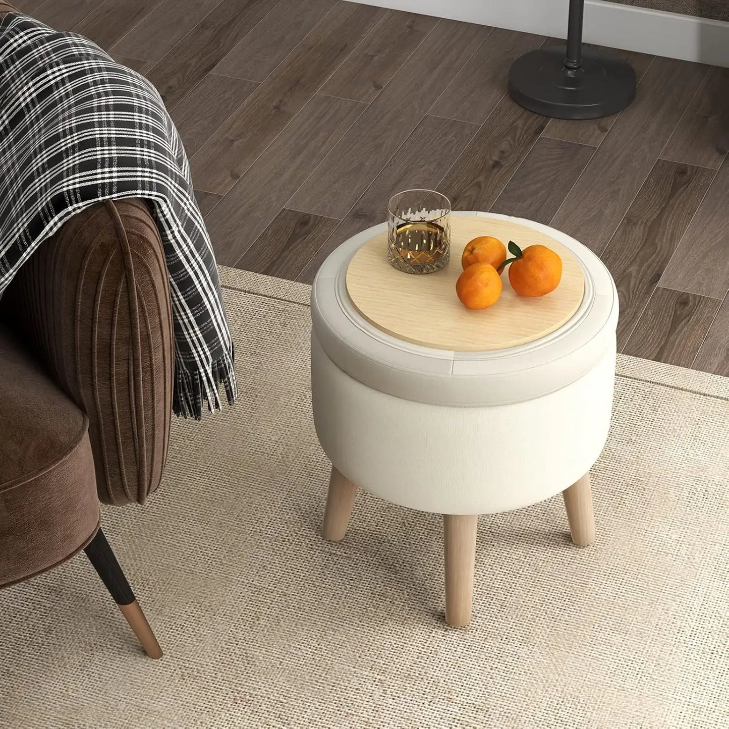 Storage Ottoman Foot Rest - Round Ottoman Coffee Table Top Cover, Wood Legs, Adjustable Foot Pads, Modern Padded Vanity Stool