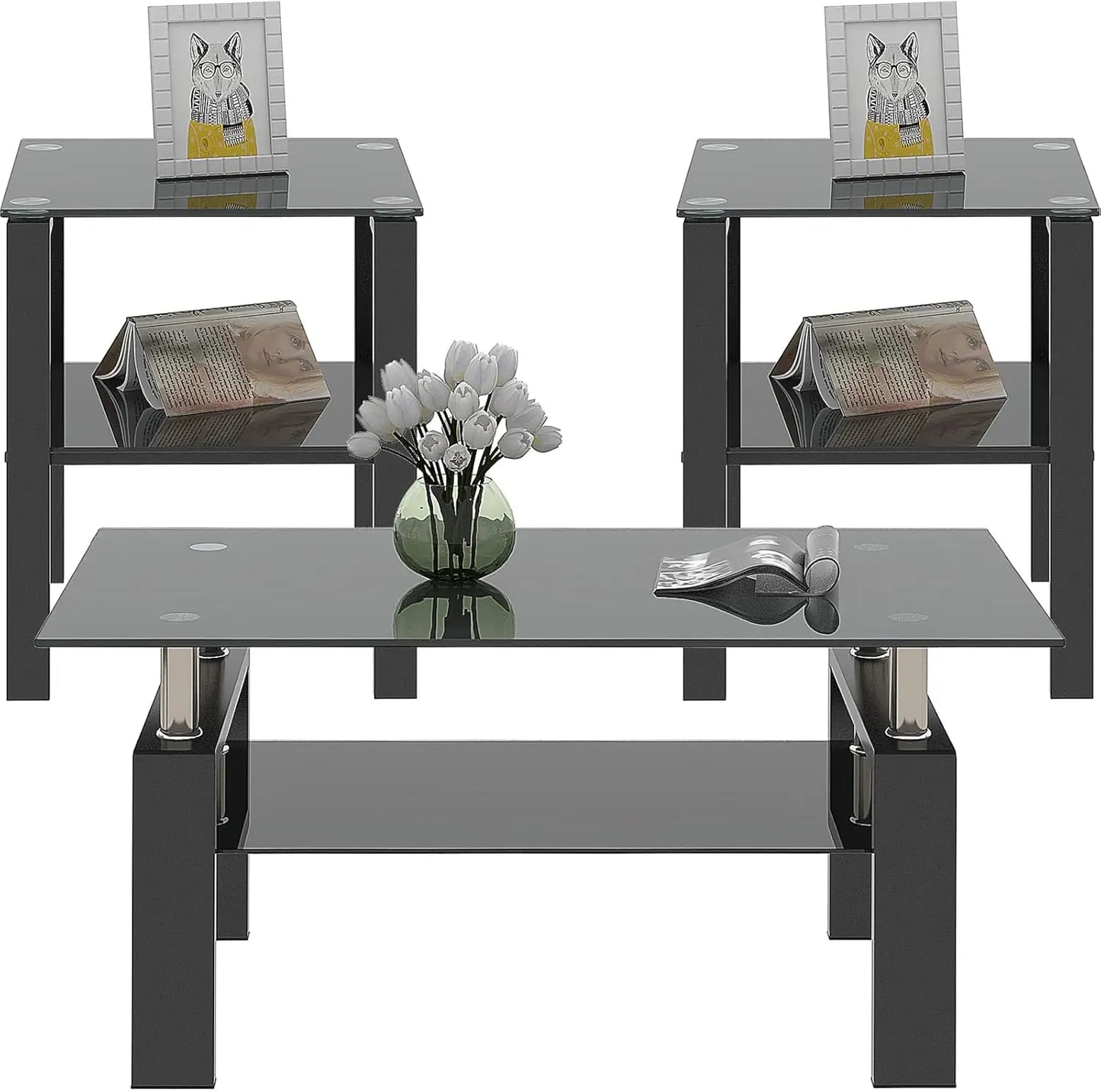 All Black Glass Coffee Table Set of 3 Piece, Living Room  Set of 3 Pcs, Black Glass Coffee  and End  Sets