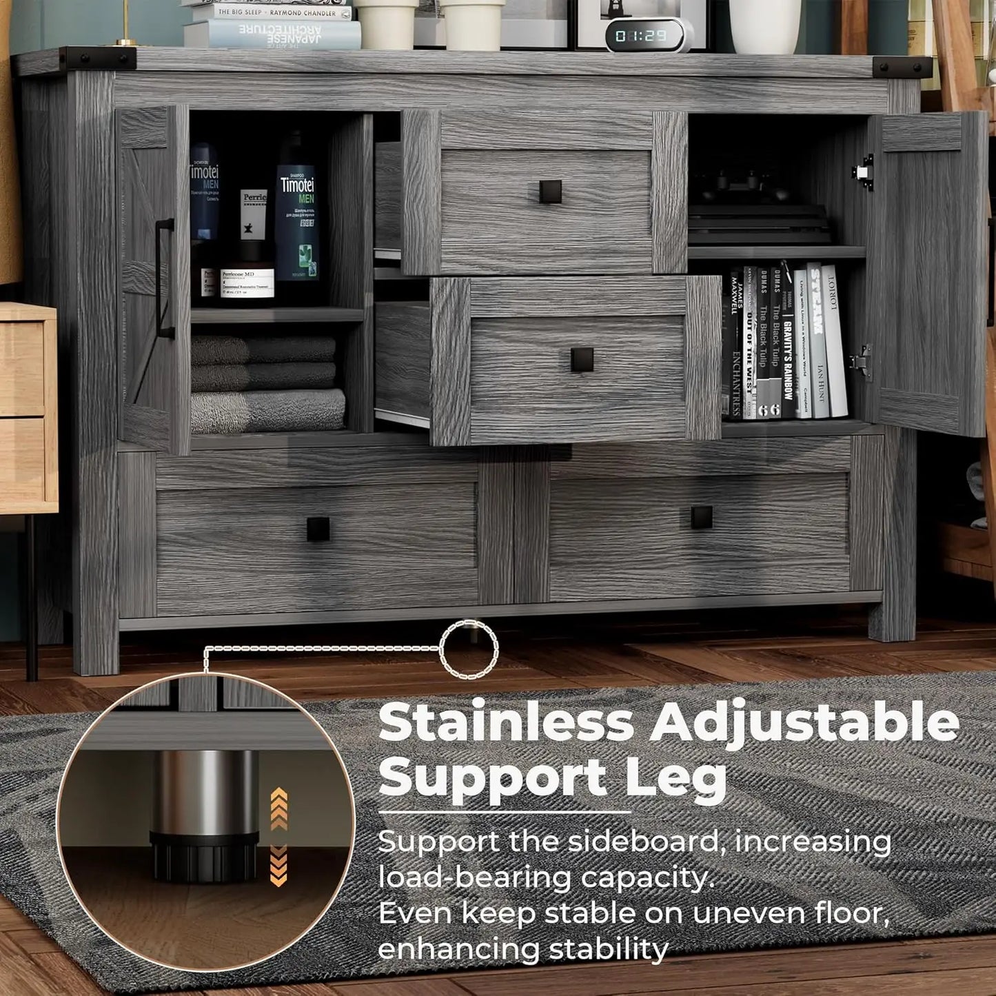 Farmhouse Grey Dresser for Bedroom with 4 Drawers and 2 Barn Doors Grey Wood Chest of Drawers 47 Inch Wide Large Long Adjustable