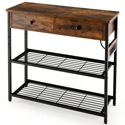 Entryway Table with Charging Station Narrow Console Table w/ 2 Drawers Brown