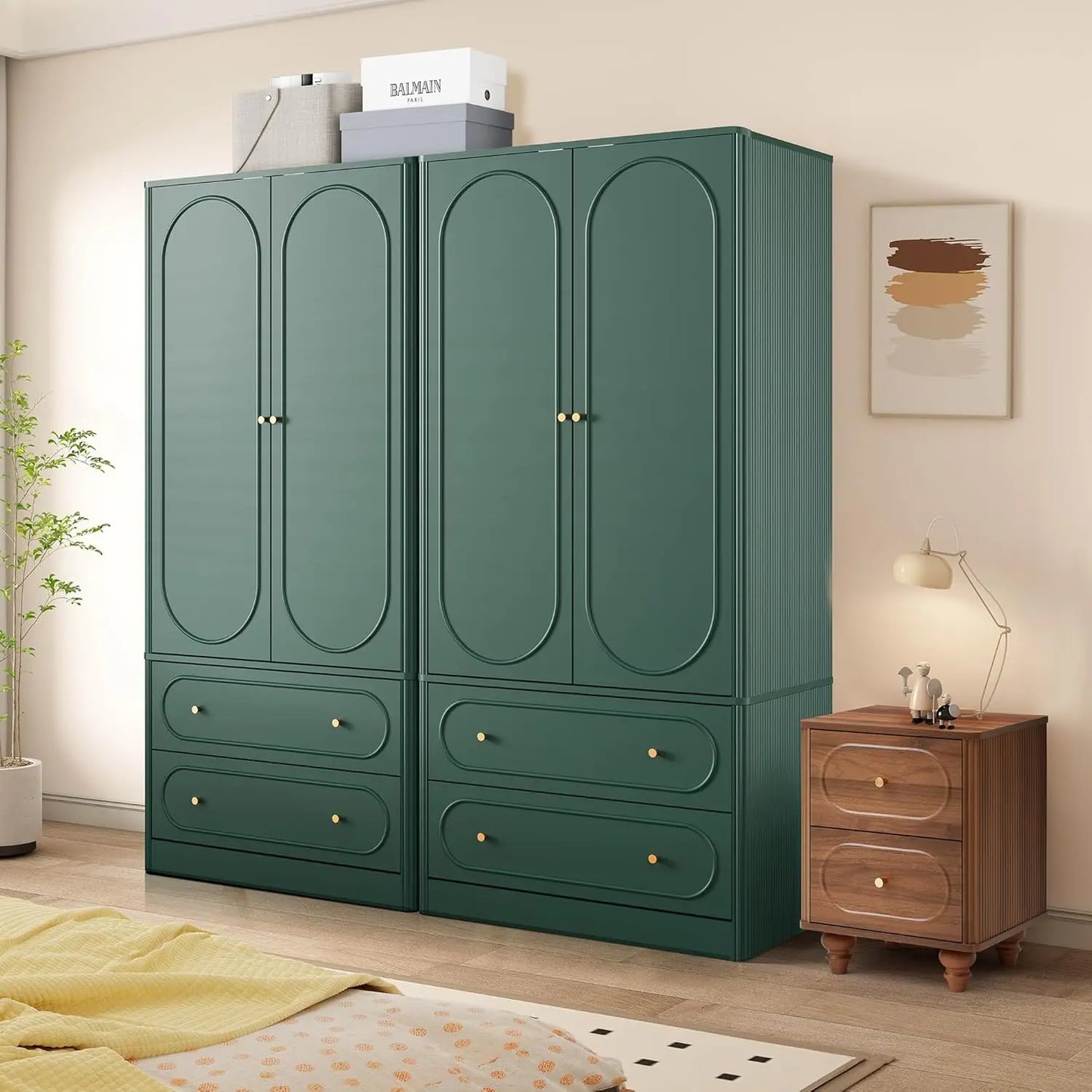 Fluted Freestanding Armoire Wardrobe Closet with 2 Doors and 2 Storage Drawers, Large Capacity Wardrobe Cabinet