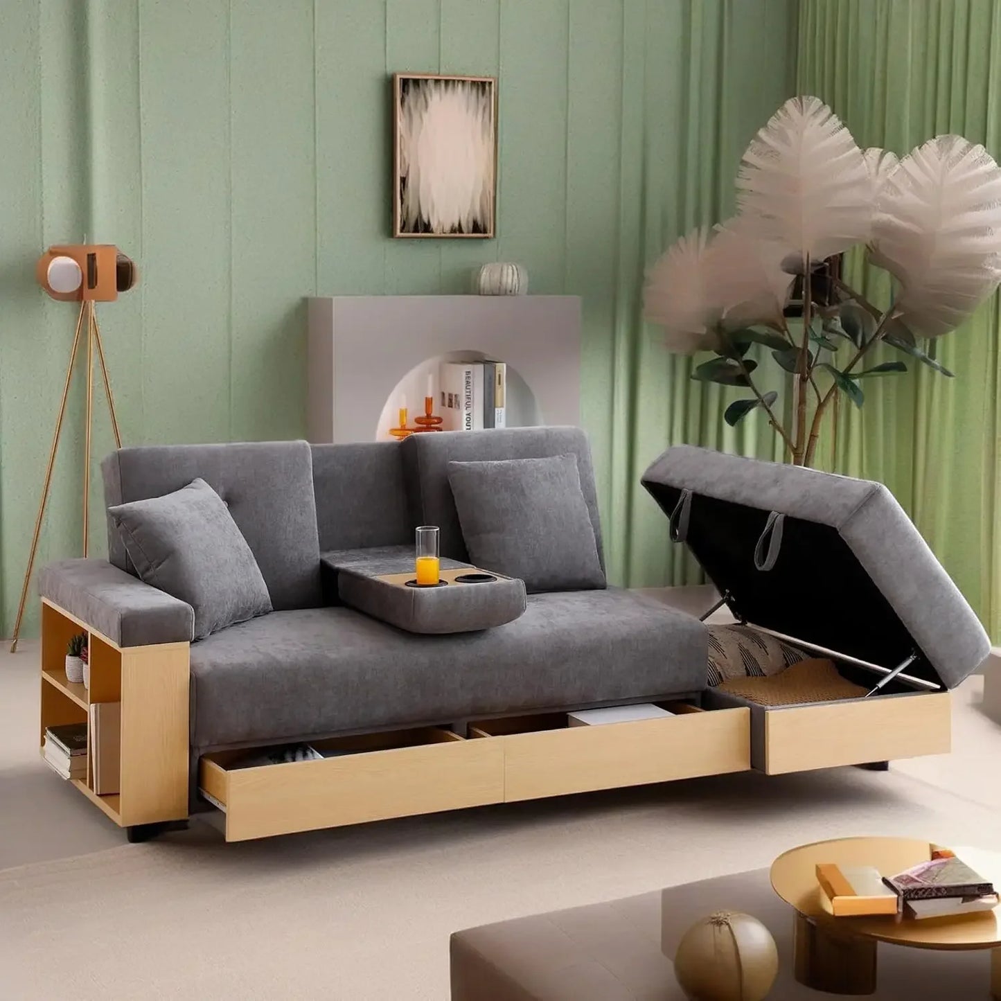 Sofa 84.65" Convertible Sofa Bed with Storage Ottoman, Adjustable Armrest & Coffee Table - Perfect for Small Apartments, 2 Drawe