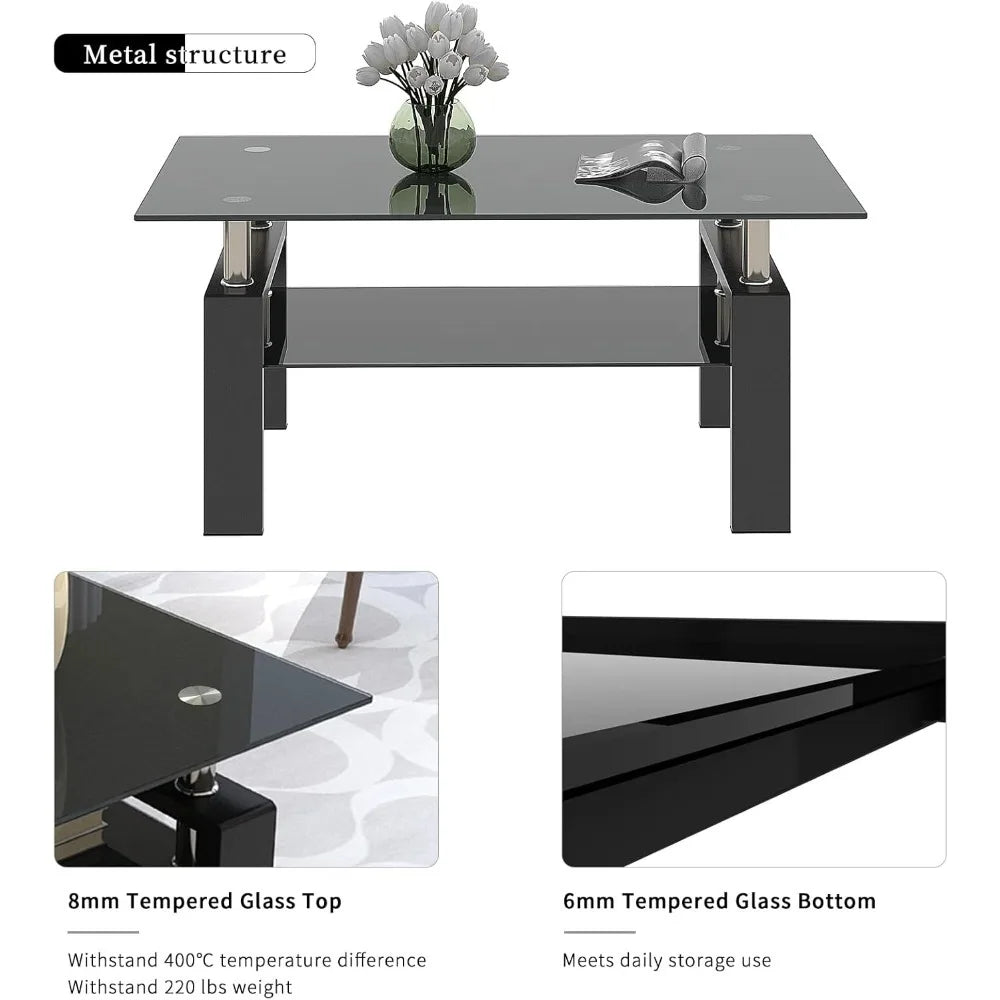 All Black Glass Coffee Table Set of 3 Piece, Living Room  Set of 3 Pcs, Black Glass Coffee  and End  Sets