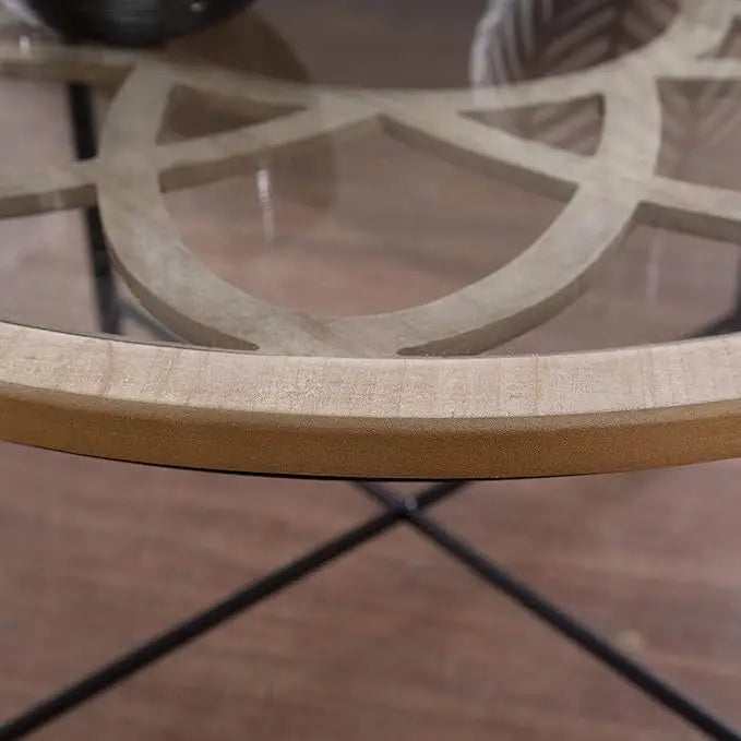 Elegant Round Coffee Table - Glass Top, Wood Trim, and Metal Base for Home Decoration