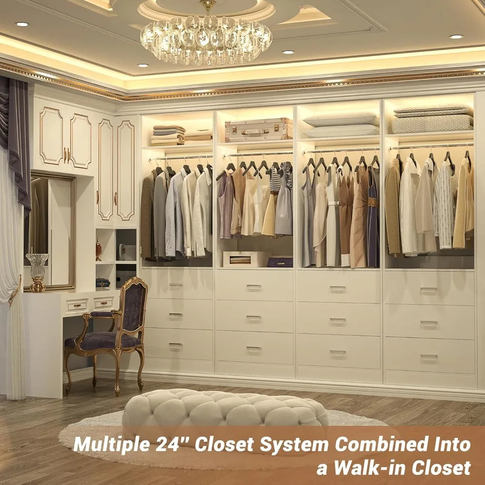 Freestanding 2FT Closet System with 3 Wood Drawers, 24" Closet Organizer System with Hanging Rod & Shelves, Walk-in Closet Syste