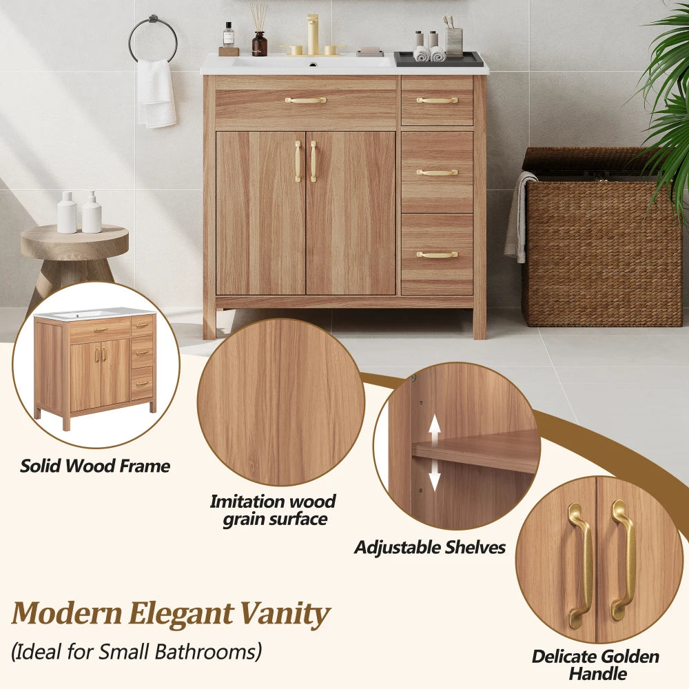 36" Wood Bathroom Vanity with Solid Wood Frame, 2 Soft Close Doors, 3 Soft Close Drawers, Adjustable Shelf, Modern Storage
