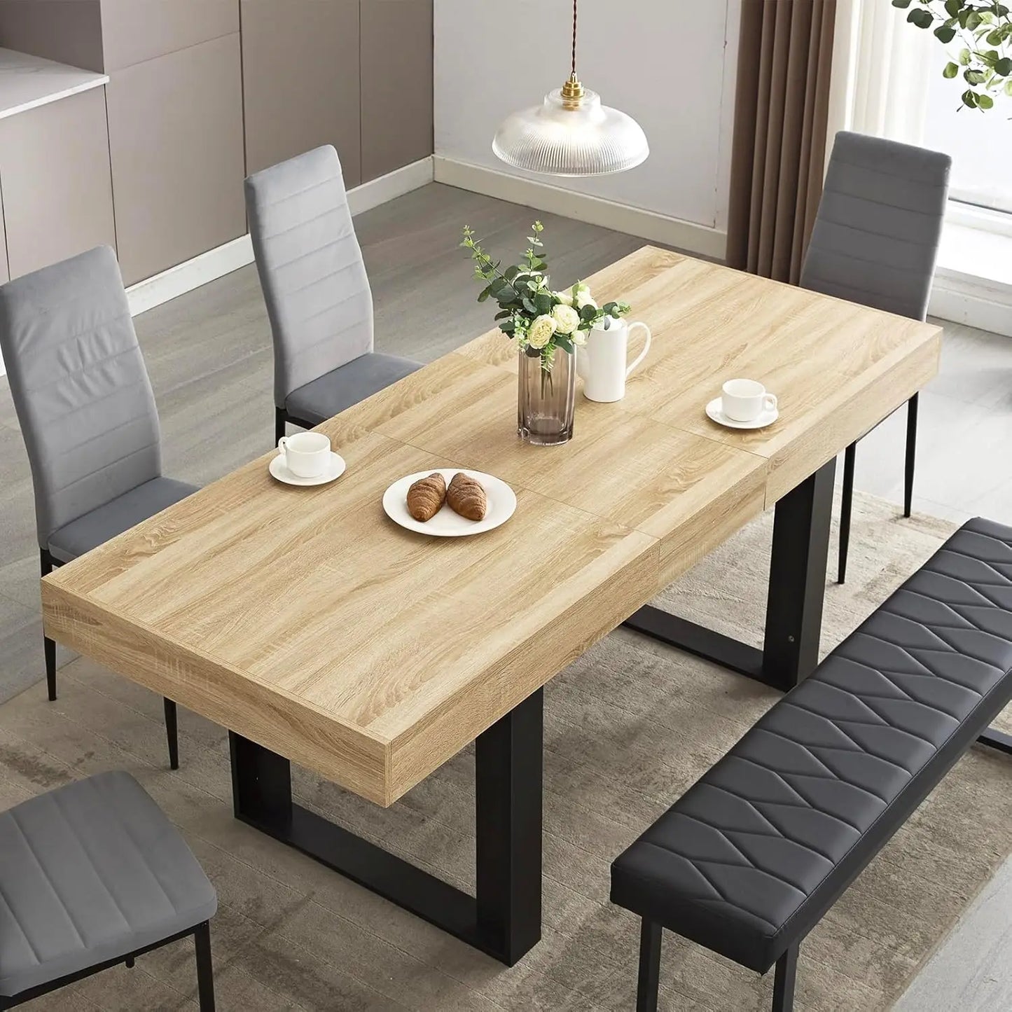 Dining-table, 63”-79” Extendable Dining Room Table, Modern Farmhouse Wooden Kitchen Table, Long Expandable Dining Table