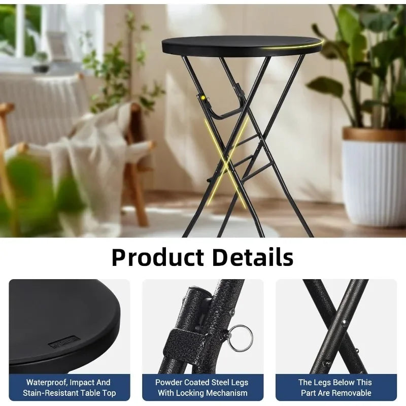 Cocktail Table 28in High Top Round Folding Indoor Outdoor, Plastic Bar Height Foldable Bistro Tall Table for Party, Patio,