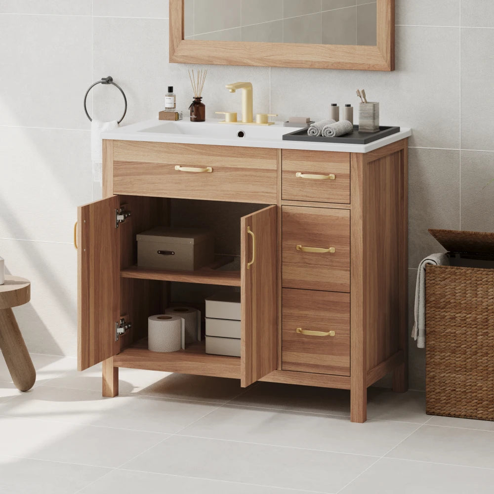 36" Wood Bathroom Vanity with Solid Wood Frame, 2 Soft Close Doors, 3 Soft Close Drawers, Adjustable Shelf, Modern Storage