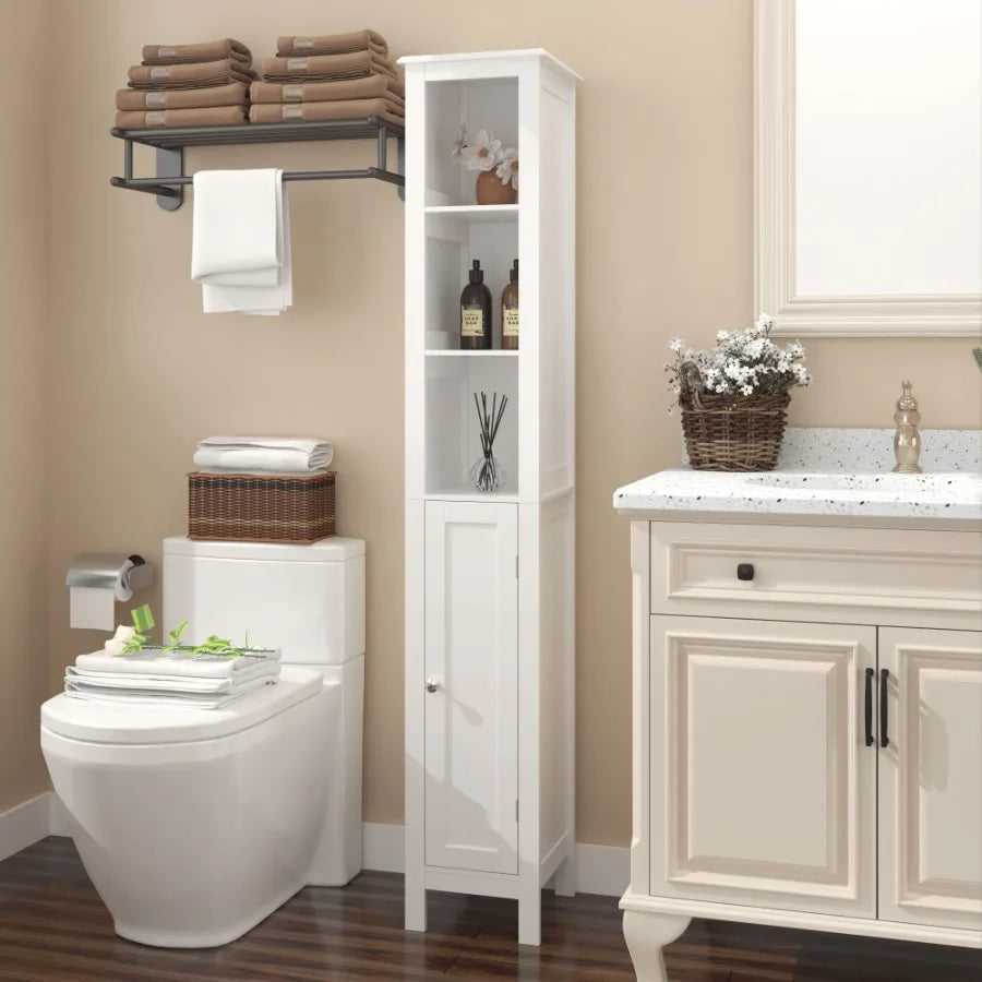 66.92 Tall Bathroom Storage Cabinet with Adjustable Shelves Slim 1 Doors Freestanding Cabinet with AntiTip Open compartments fo