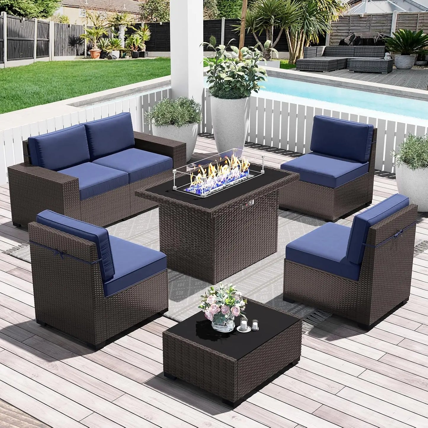 15 Piece Patio Furniture Set with Fire Pit Table, Outdoor Conversation Sets Wicker Rattan Sectional Sofa with Coffee Table