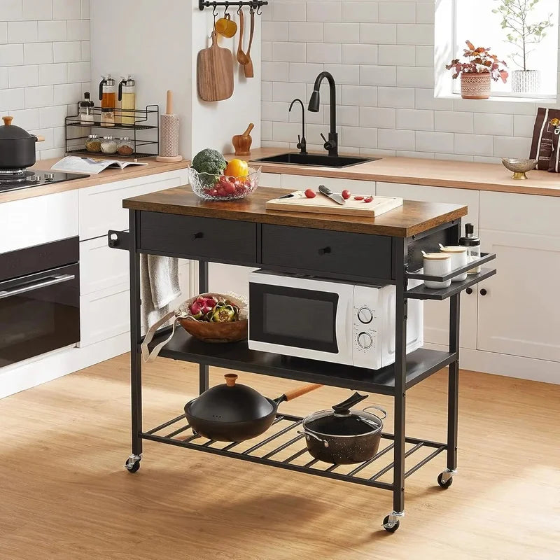 3-Tier Kitchen Island Cart with Microwave Stand, 2 Drawers, Towel Bar, Spice Holder, Rustic Brown, 17.7 x 46.9 x 35.8 Inches