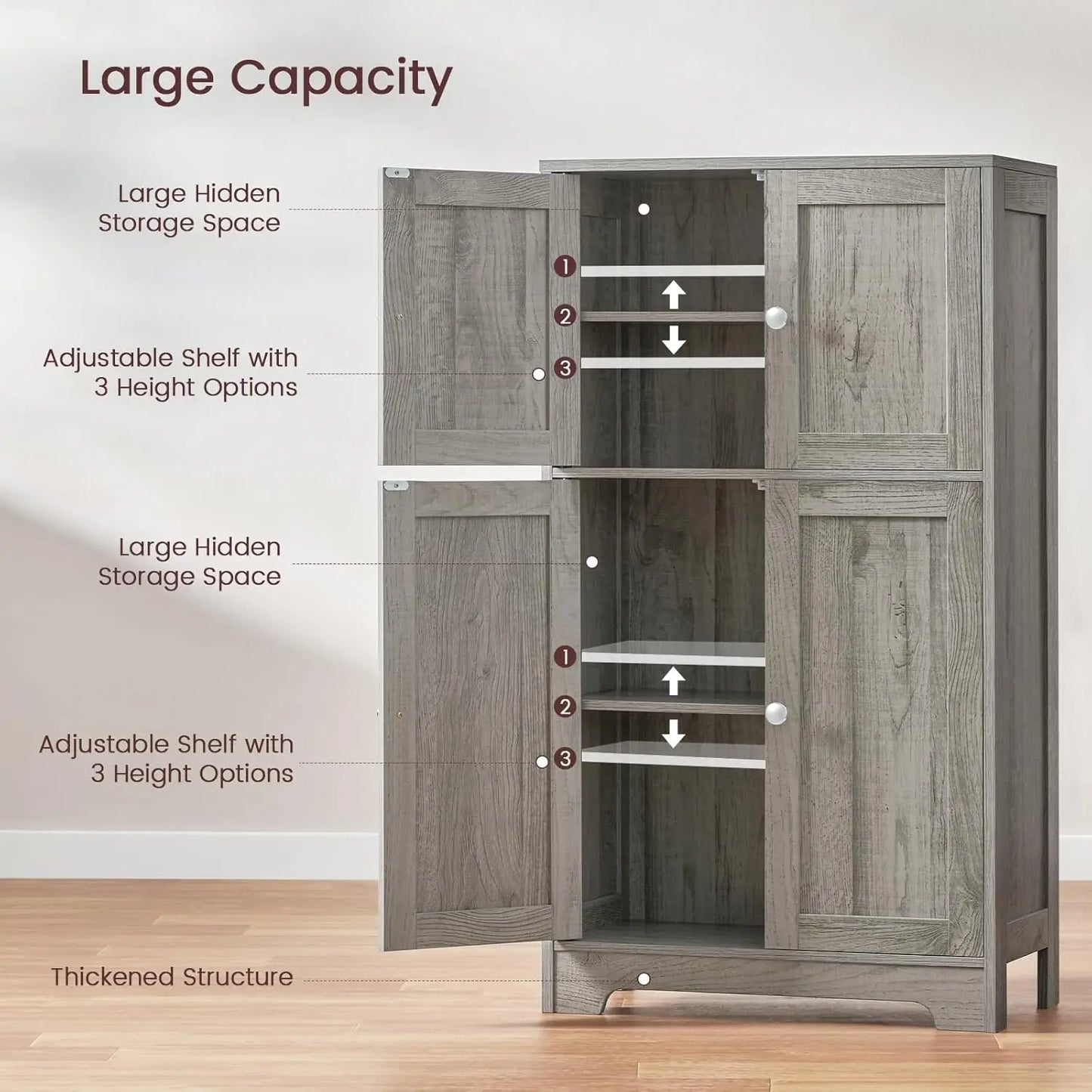 Storage Cabinet Bathroom Cabinet with 4 Doors 2 Adjustable Shelves 6 Adjustable Heights Cupboard for Living Room Entryway Home O
