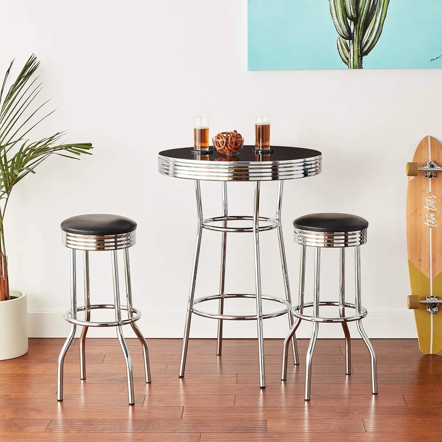 3905Set Retro 3Pc Bar Set W/ 2 Stools Bla And Chrome