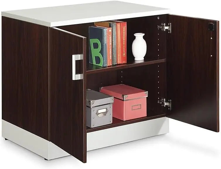 29.4 "H double door storage cabinet with lockable door, two adjustable shelves, silver laminated skirting board and hardware