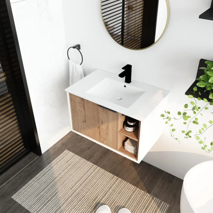 30'' Floating WallMounted Bathroom Vanity with Ceramics Sink SoftClose Cabinet Door