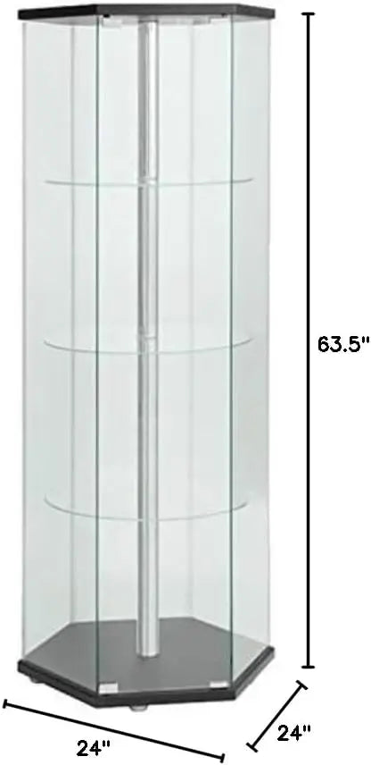 Coaster Hexagon Curio Cabinet: 3 Round Shelves, Glass, 24"D x 24"W x 63.5"H, Black, Traditional Design
