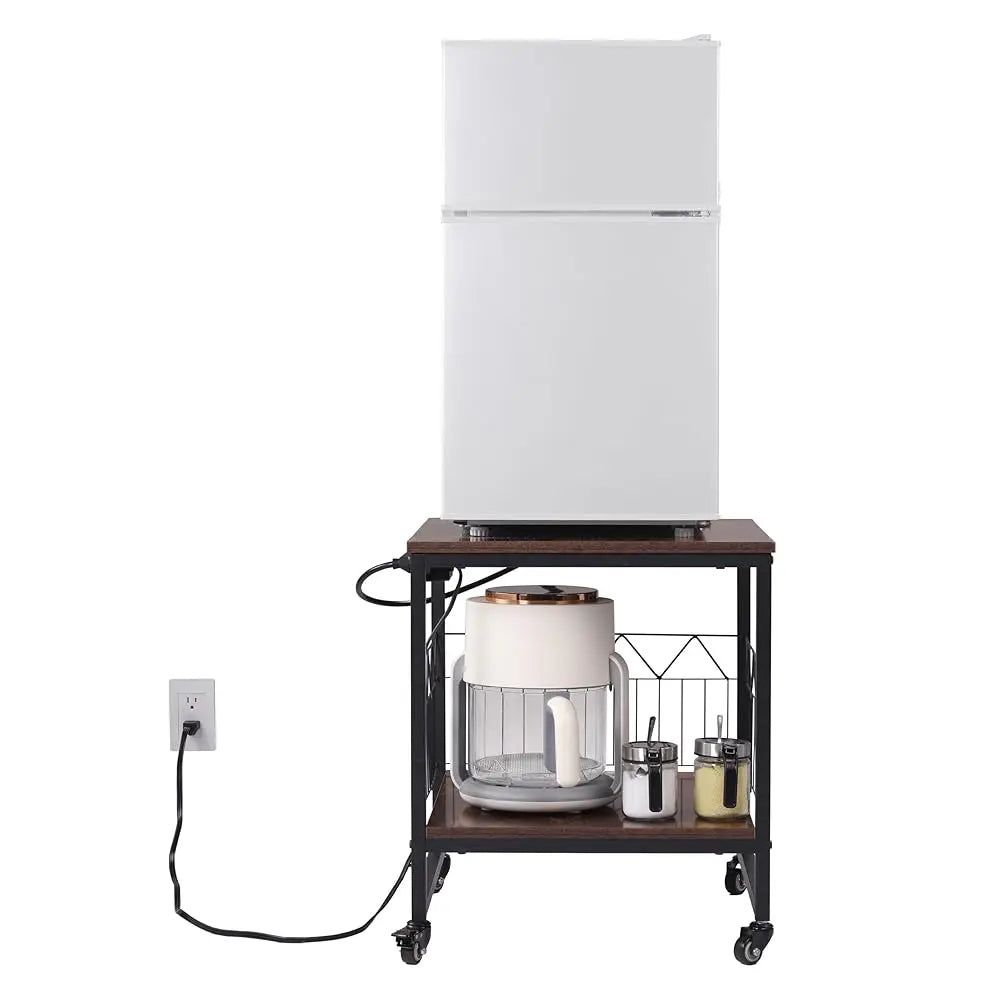 Kitchen Island Cart With Power Outlet, Mobile Coffee Bar & Microwave Stand With Space For Small Refrigerator For Dining Room,