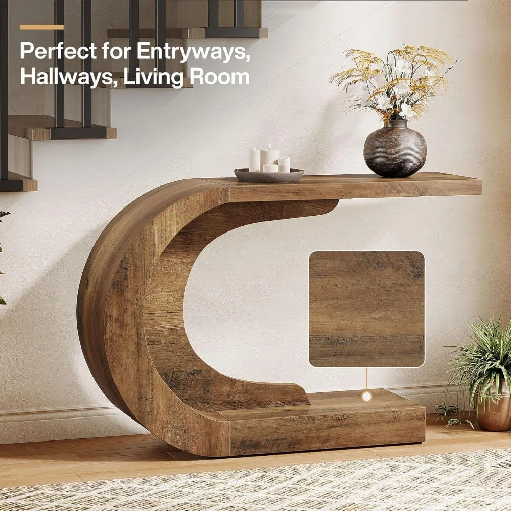 43.3" Mid-Century Modern Console Table for Entryway, Wood C-Shaped Hallway Entry Accent Table for Living Room