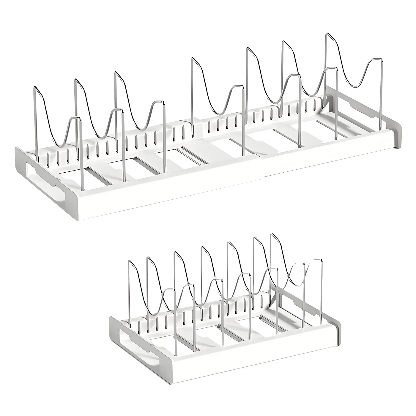 Expandable Utensil Storage Rack, Extendable Pot and Pan Organizer for Kitchen Cabinets, with 12 Adjustable Shelves, White