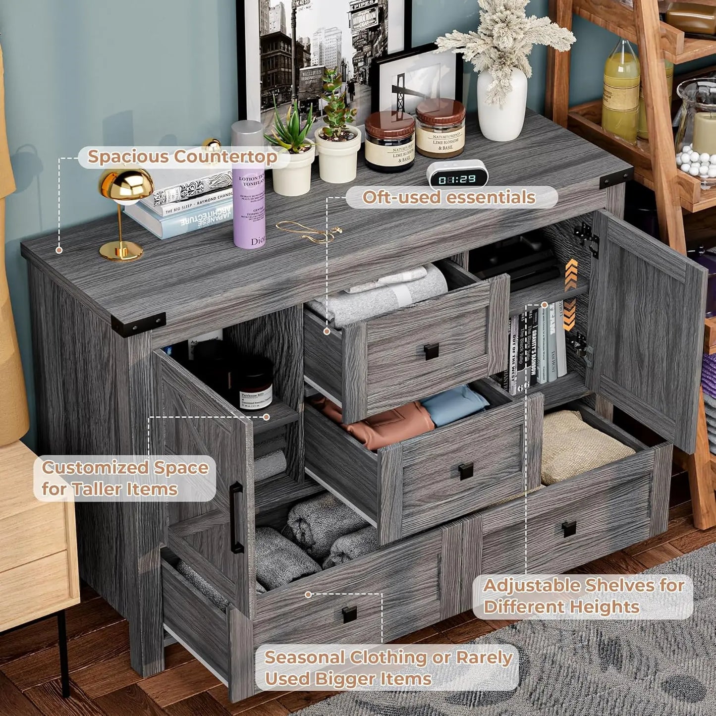 Farmhouse Grey Dresser for Bedroom with 4 Drawers and 2 Barn Doors Grey Wood Chest of Drawers 47 Inch Wide Large Long Adjustable