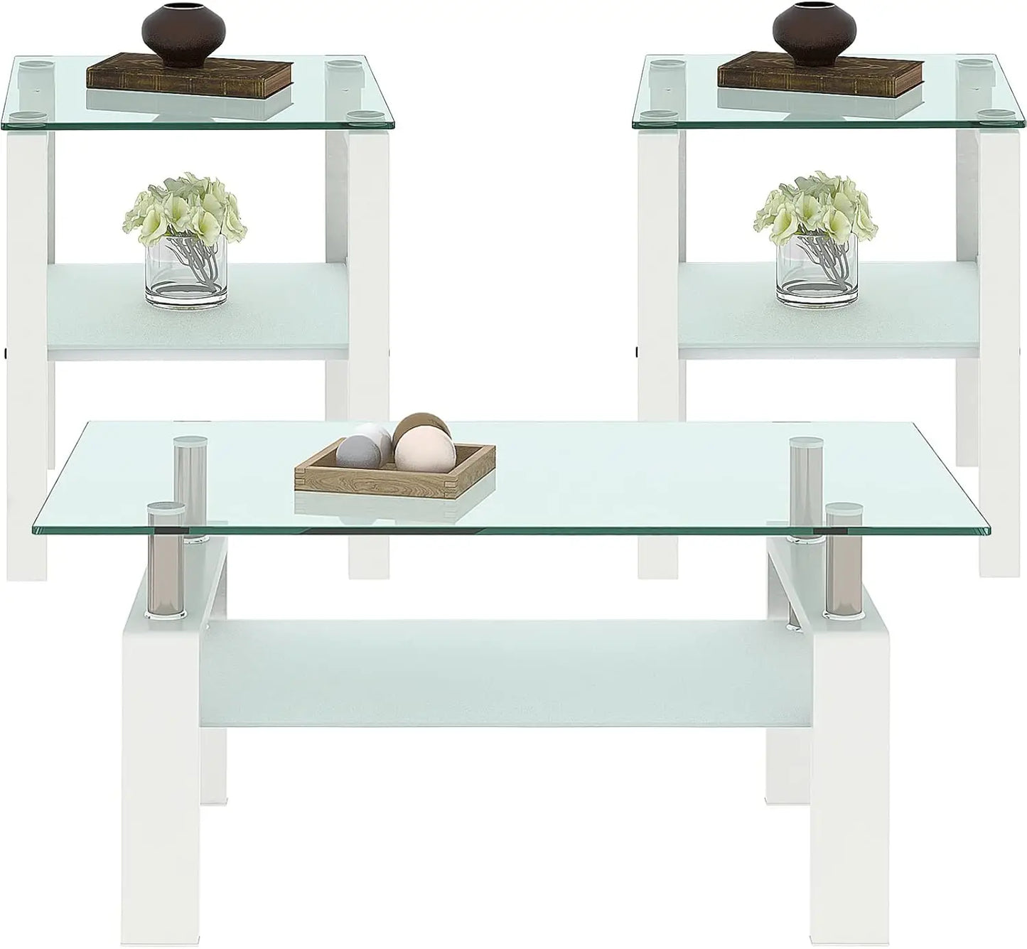 All Black Glass Coffee Table Set of 3 Piece, Living Room  Set of 3 Pcs, Black Glass Coffee  and End  Sets