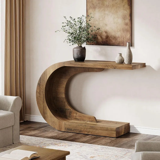 43.3" Mid-Century Modern Console Table for Entryway, Wood C-Shaped Hallway Entry Accent Table for Living Room