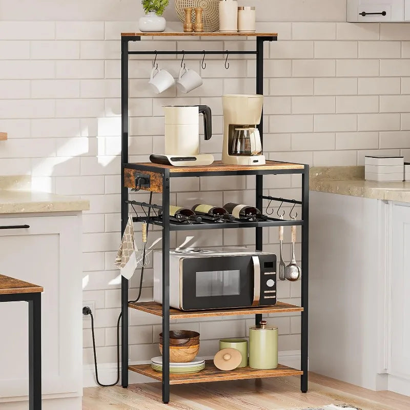 Kitchen Bakers Rack with Power Outlet, 5-Tier Coffee Bar with Adjustable Wine Rack, Microwave Stand with 10 S-Shaped Hooks,